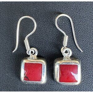 Hook Dangle Earrings 1.5" Coral Inlay Square Dangle‎ Mexico 925 Sterling 5.9g
